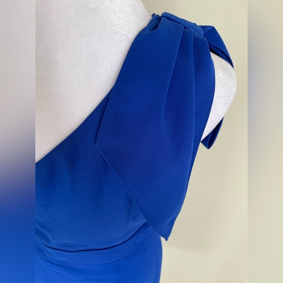 MINUET by MODCLOTH ONE SHOULDER BOW, PLEATED WAIST, SIDE ZIP, SZ L, ROYAL BLUE - Picture 15 of 17